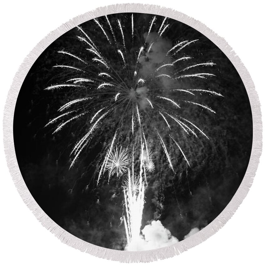 Black Round Beach Towel featuring the photograph Fireworks in Black and White by Carolyn Hutchins