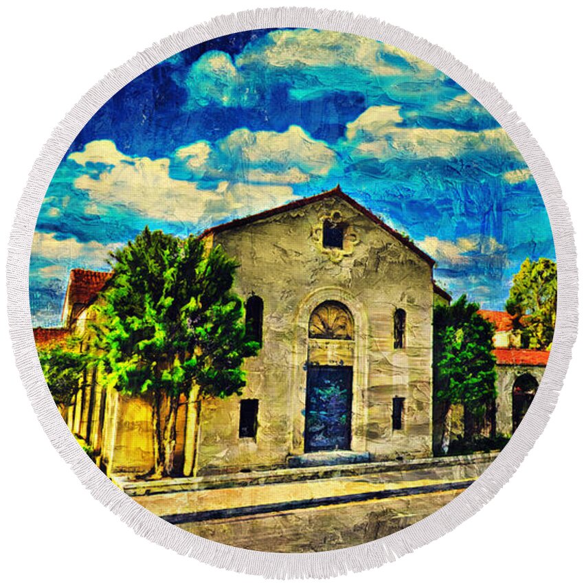First Baptist Church Round Beach Towel featuring the digital art First Baptist Church in Bakersfield, California - impasto oil painting by Nicko Prints