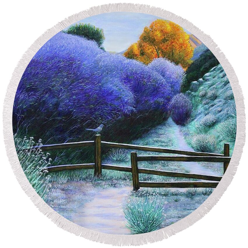 Kim Mcclinton Round Beach Towel featuring the painting First Frost on the Mesquite Trail by Kim McClinton