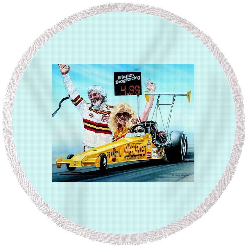 Drag Racing Nhra Top Fuel Funny Car John Force Kenny Youngblood Nitro Champion March Meet Images Image Race Track Fuel Eddie Hill Ercie Round Beach Towel featuring the painting First In The Fours by Kenny Youngblood