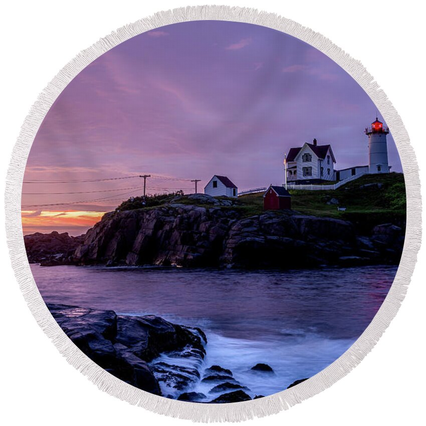 Lighthouse Round Beach Towel featuring the photograph First Light at Nubble Light by Jack Peterson