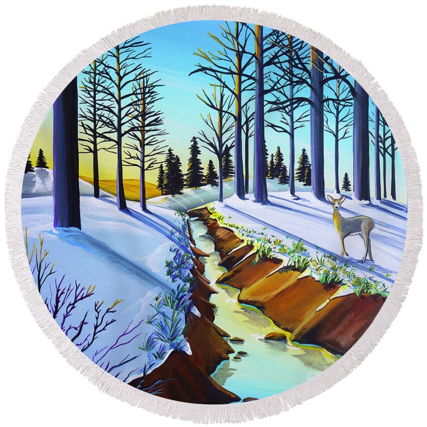 Winter Round Beach Towel featuring the painting First Morning Light by Cindy Thornton