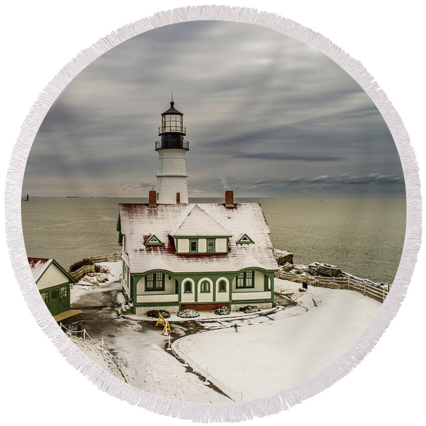 Cape Elizabeth Lighthouse Round Beach Towel featuring the photograph First Snow, Cape Elizabeth Lighthouse by Veterans Aerial Media LLC