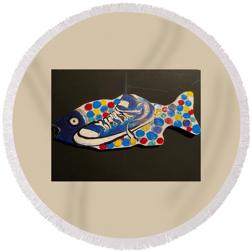  Round Beach Towel featuring the mixed media Fish by Angie ONeal