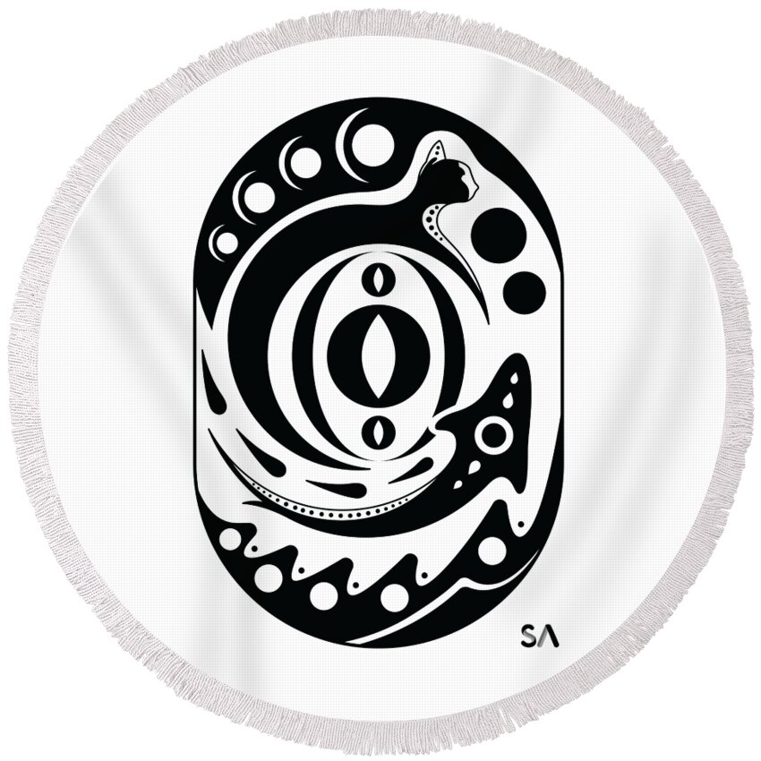 Black And White Round Beach Towel featuring the digital art Fish Cat by Silvio Ary Cavalcante