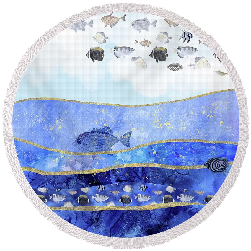 Climate Change Round Beach Towel featuring the digital art Fish in the Sky - Surreal Climate Change by Andreea Dumez