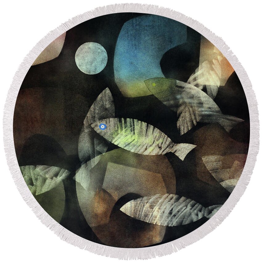 Abstract Round Beach Towel featuring the painting Fish Moon by Winston Saoli 1950-1995