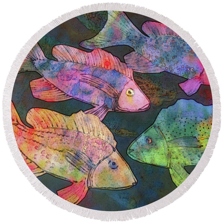 Fish Round Beach Towel featuring the digital art fish painting - New School by Sharon Hudson