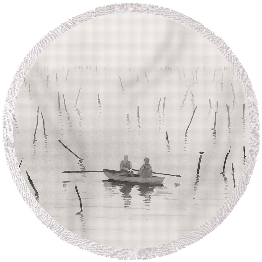 Nikita Coulombe Round Beach Towel featuring the painting Fisherman in the Mist II by Nikita Coulombe