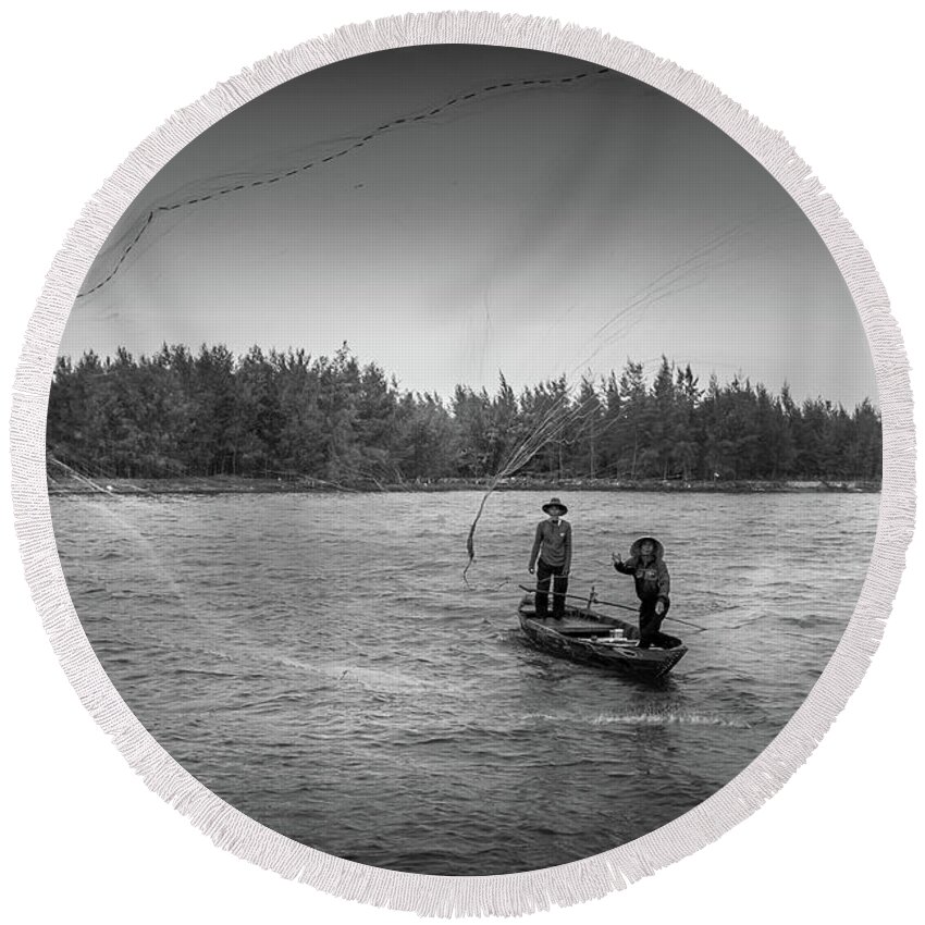 Ancient Round Beach Towel featuring the photograph Fishermen Casting Net by Arj Munoz