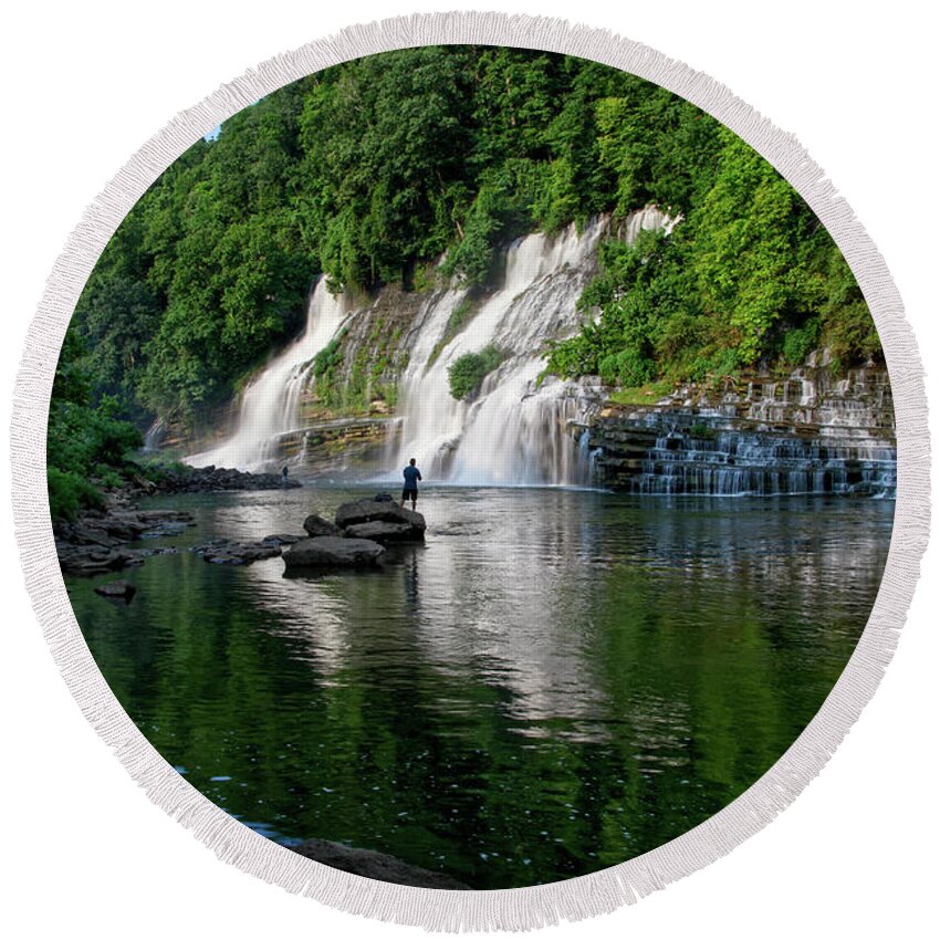 Rock Island State Park. Twin Falls Round Beach Towel featuring the photograph Fishing At Twin Falls by Phil Perkins
