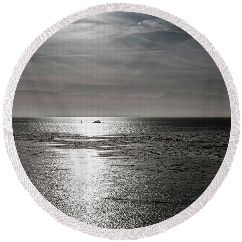 De-saturated Round Beach Towel featuring the photograph Fishing Boat at the Blue Hour by Tony Locke