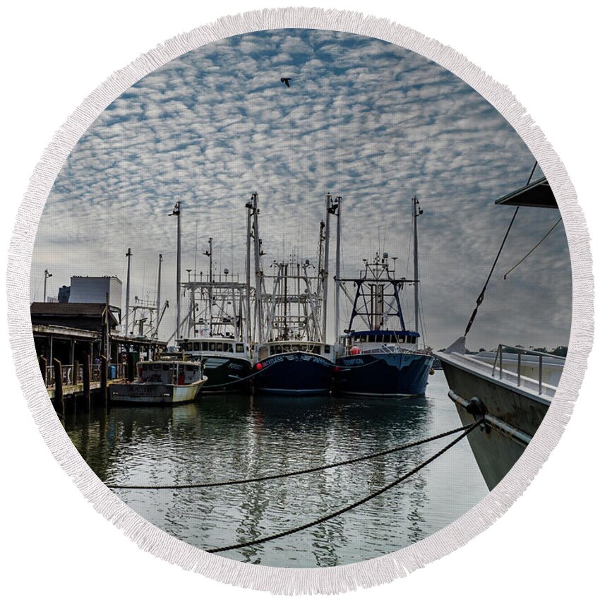 Boats Round Beach Towel featuring the photograph Fishing Boats Cape May by Louis Dallara