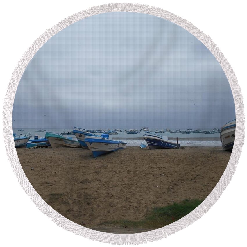 Boats Round Beach Towel featuring the photograph Fishing boats by Nancy Graham