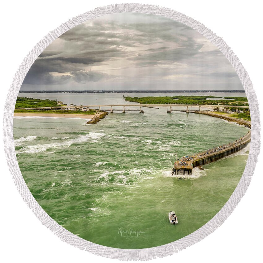 Sebastian Inlet Round Beach Towel featuring the photograph Fishing through the Storm by Veterans Aerial Media LLC