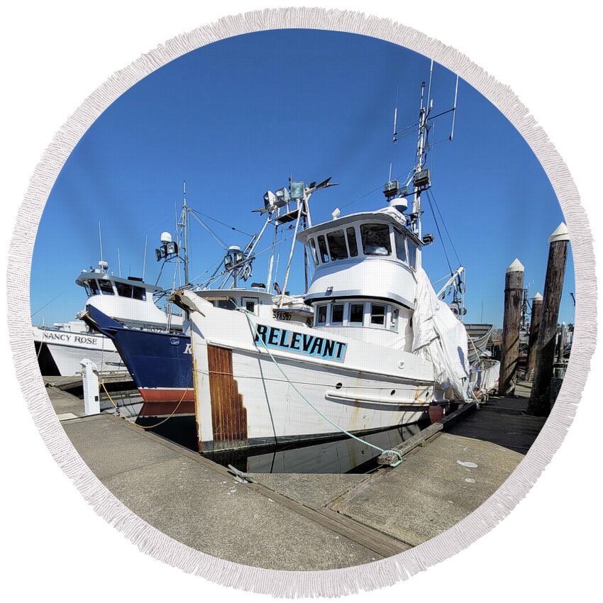Fishing Vessel Relevant Moored By Norma Appleton Round Beach Towel featuring the photograph Fishing Vessel Relevant Moored by Norma Appleton