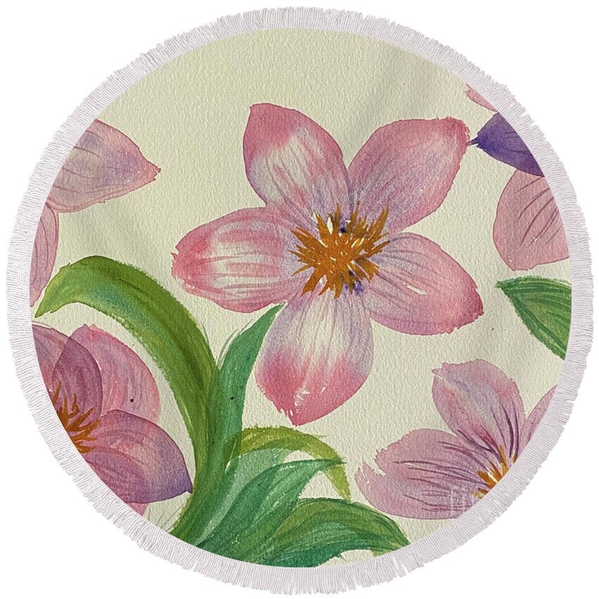 Flower Round Beach Towel featuring the painting Five Flowers by Lisa Neuman