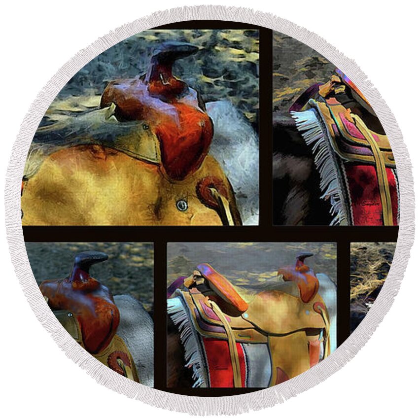 A Real Working Saddle Abstract Round Beach Towel featuring the photograph Five Saddle Montage by Floyd Snyder