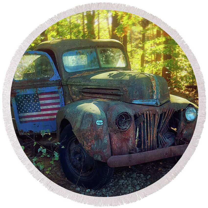 Pickup Truck Round Beach Towel featuring the photograph Flag Never Sleeps by Jerry LoFaro