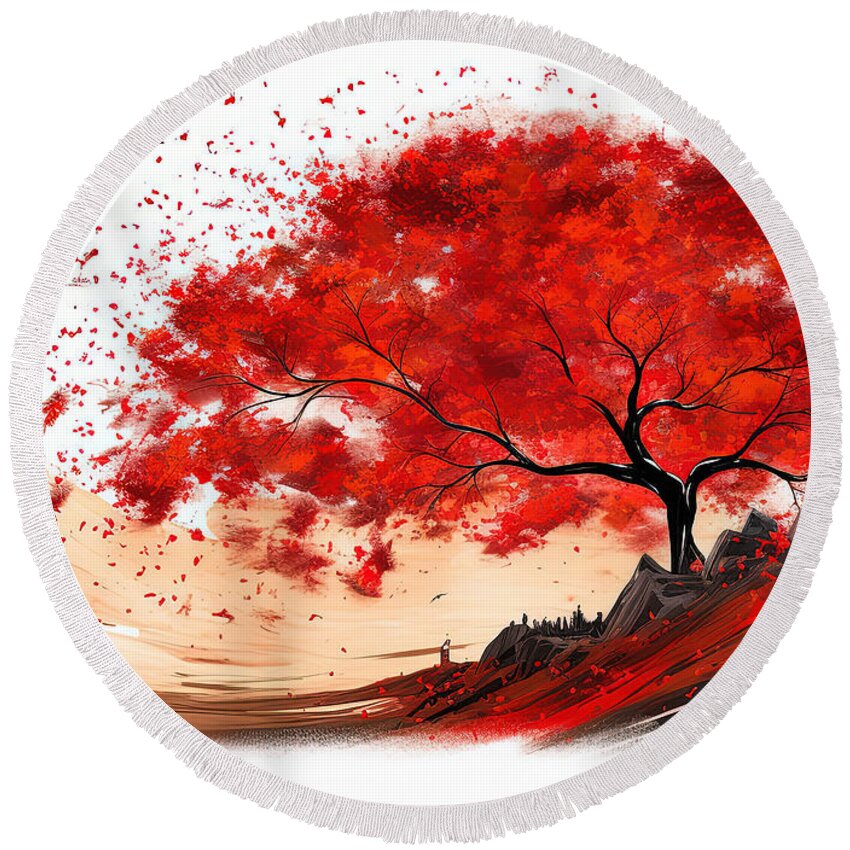 Gray And Red Art Round Beach Towel featuring the painting Flaming Leaves by Lourry Legarde