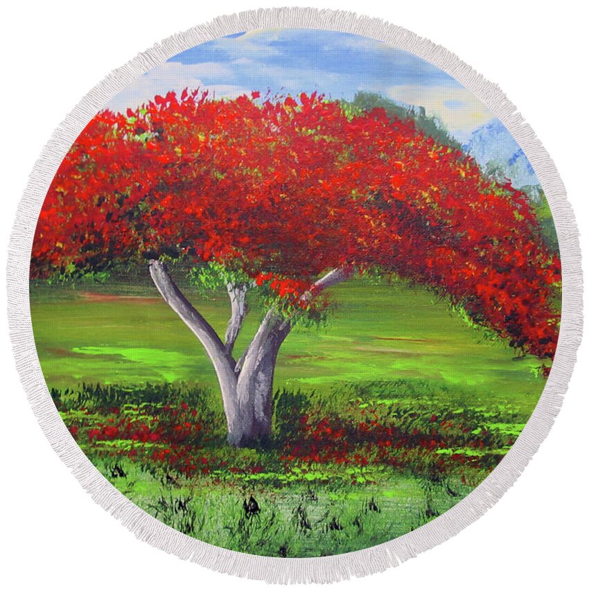 Flamboyan Round Beach Towel featuring the painting Flaming Tree by Luis F Rodriguez