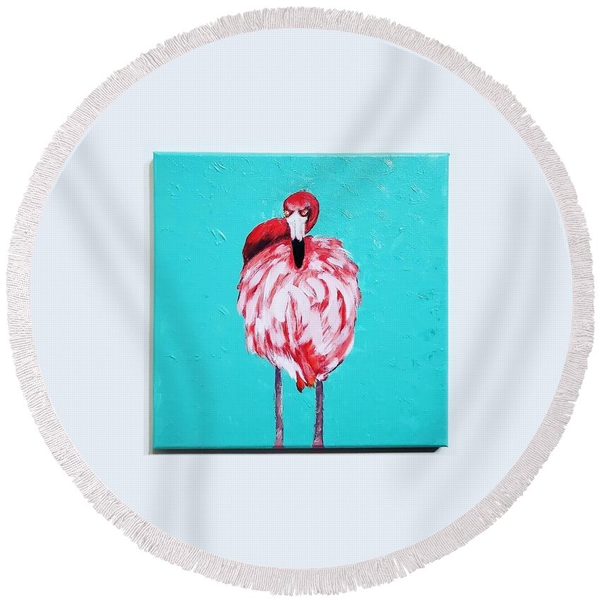 Flamingo Round Beach Towel featuring the painting Flamingo #1 by Amy Kuenzie