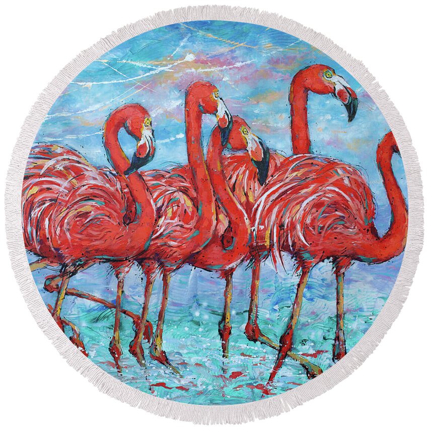  Round Beach Towel featuring the painting Flamingos Parade by Jyotika Shroff