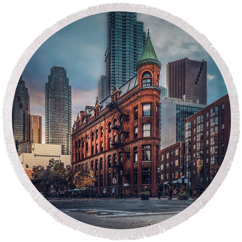 Gooderham Building Round Beach Towel featuring the photograph Flatiron Building Toronto - Urban Sunset - DS Cinematic by Dee Potter