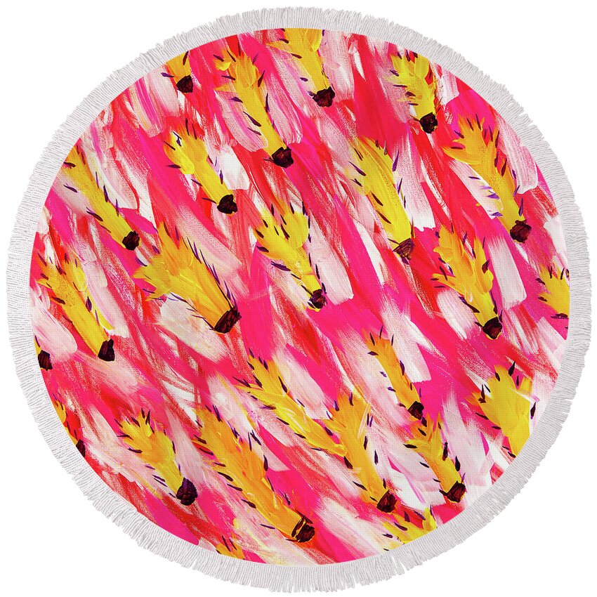 Abstract Round Beach Towel featuring the digital art Flight Of The Lawn Darts - Colorful Abstract Contemporary Acrylic Painting by Sambel Pedes