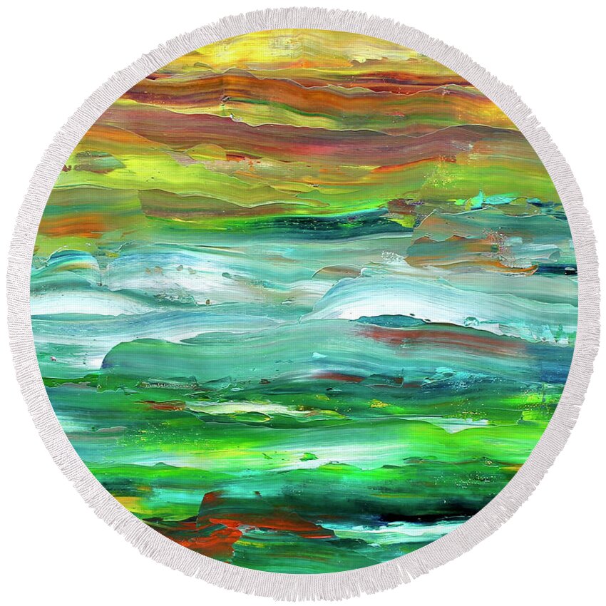Landscape Round Beach Towel featuring the painting Flint Hills Sunset by Teresa Moerer