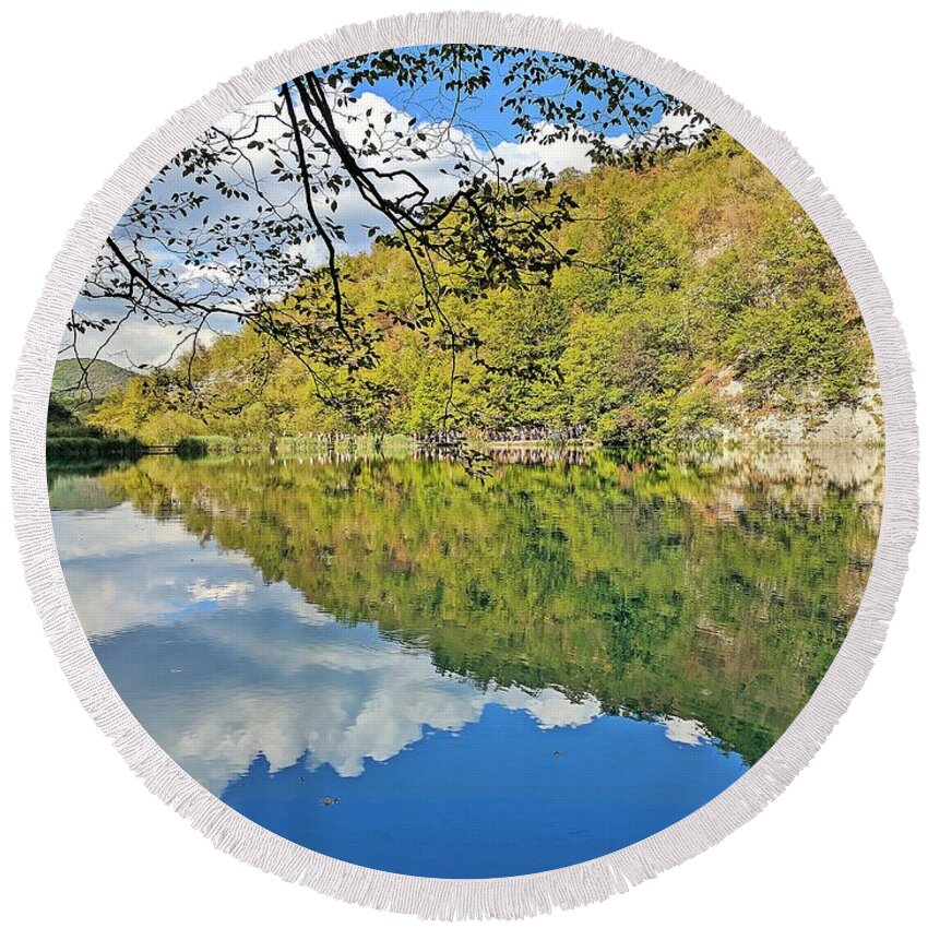 Plitvice Lakes Round Beach Towel featuring the photograph Floating forest by Yvonne Jasinski