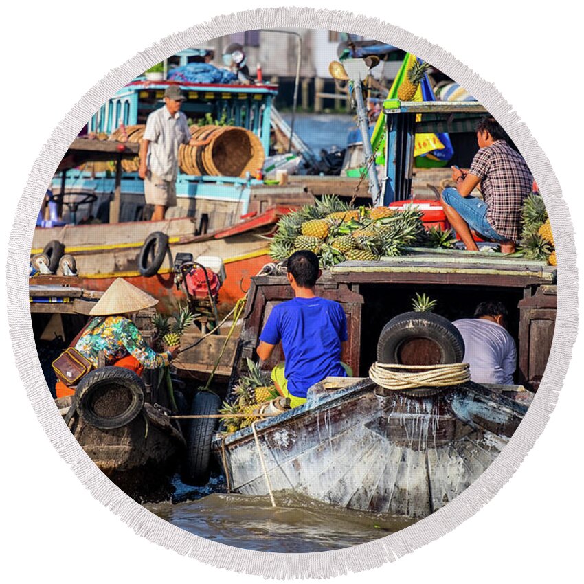 Cai Rang Round Beach Towel featuring the photograph Floating Market Scene by Arj Munoz