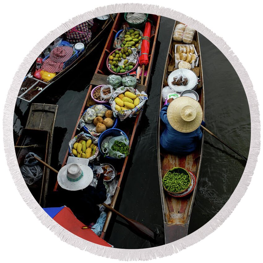 Floating Round Beach Towel featuring the photograph Market Mornings - Floating Market, Thailand by Earth And Spirit