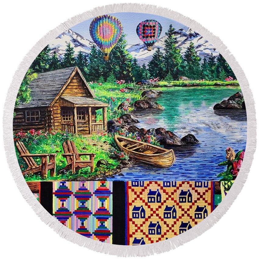 Quilts Round Beach Towel featuring the painting Floating Over Sisters by Diane Phalen