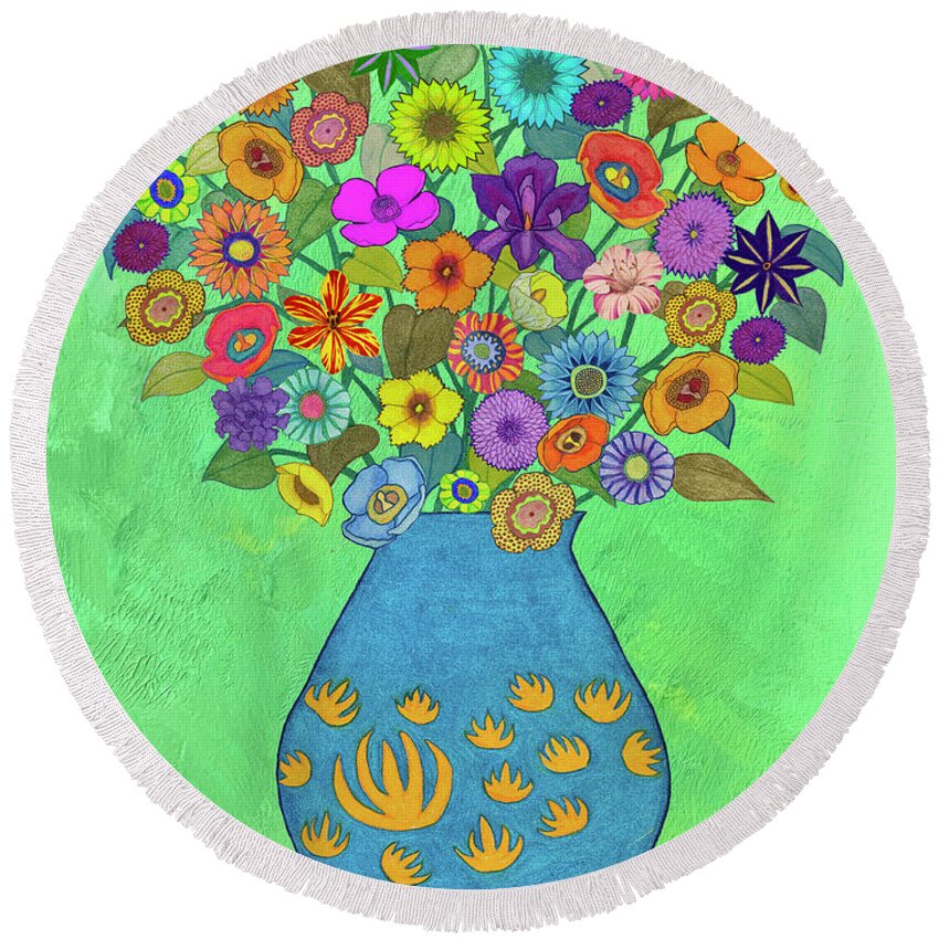 Floral Bouquet Round Beach Towel featuring the mixed media Floral Bouquet on Green by Lorena Cassady