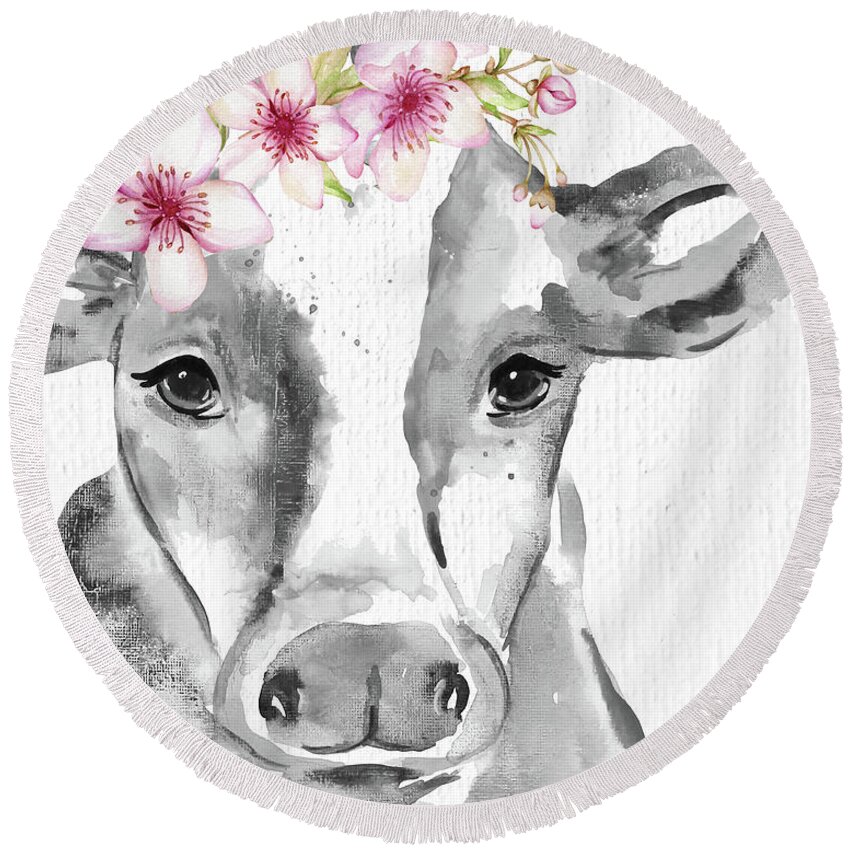 Cow Round Beach Towel featuring the painting Floral Cow A by Jean Plout