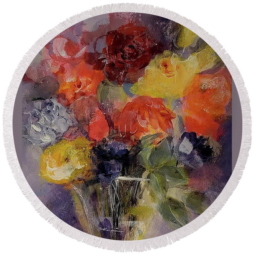 Smokey Round Beach Towel featuring the painting Floral Of Red and Yellow on Smokey Plum by Lisa Kaiser