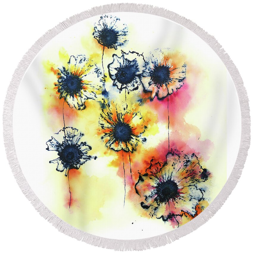 Abstract Flowers Round Beach Towel featuring the painting Floral Sunrise by Catherine Jeltes