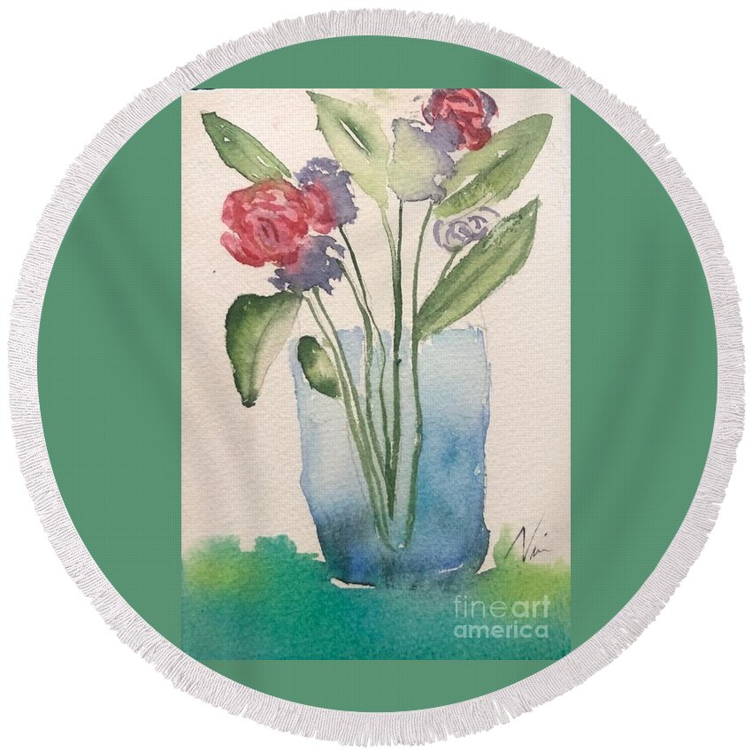 Floral Vase Flowers Round Beach Towel featuring the painting Floral Vase by Nina Jatania