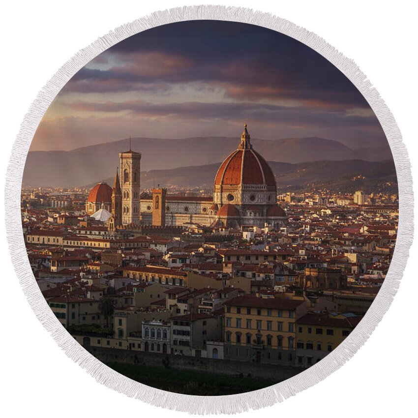 Florence Round Beach Towel featuring the photograph Florence Duomo cathedral. Sunset view. Italy by Stefano Orazzini