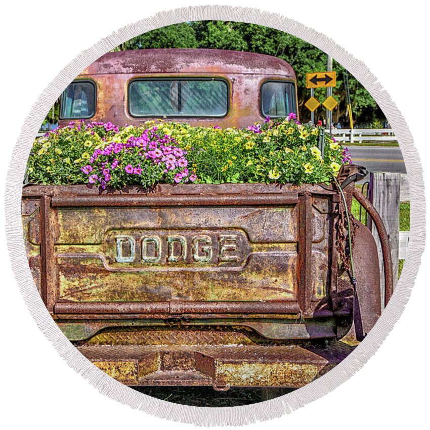 Truck.dodge Round Beach Towel featuring the photograph Flower Bed by Dennis Dugan