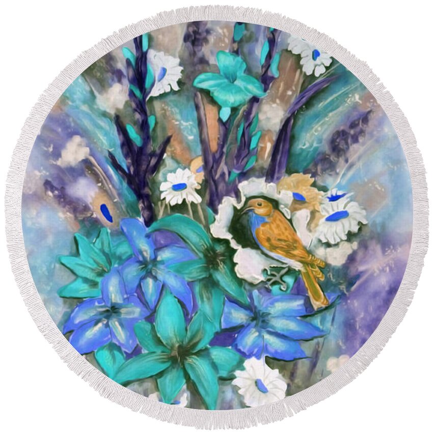 Flowers Round Beach Towel featuring the mixed media Flower Bouquet n' Bird by Kelly Mills