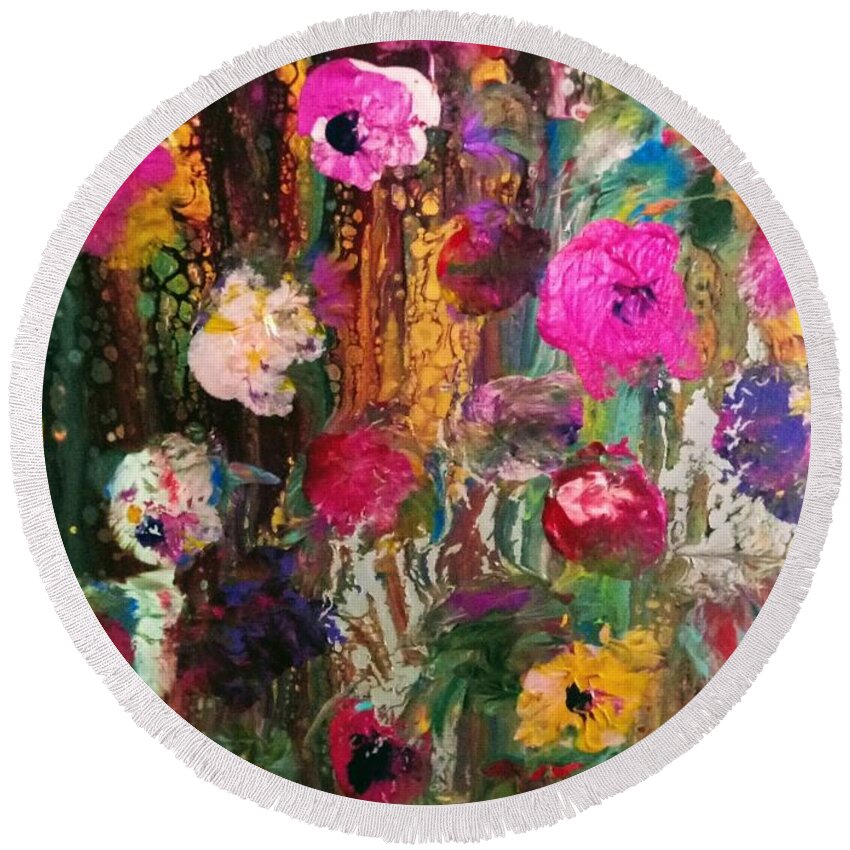 Flowers Fusion Pink Round Beach Towel featuring the painting Flower Fusion by Anna Adams