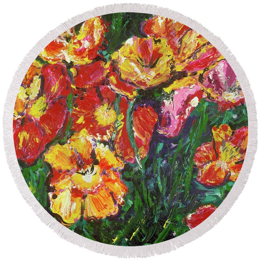 Garden Round Beach Towel featuring the painting Flower Garden by Britt Miller