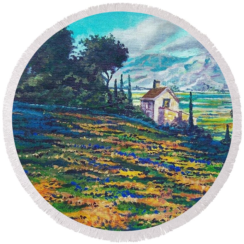 Flower Hill Round Beach Towel featuring the painting Flower Hill by Sinisa Saratlic