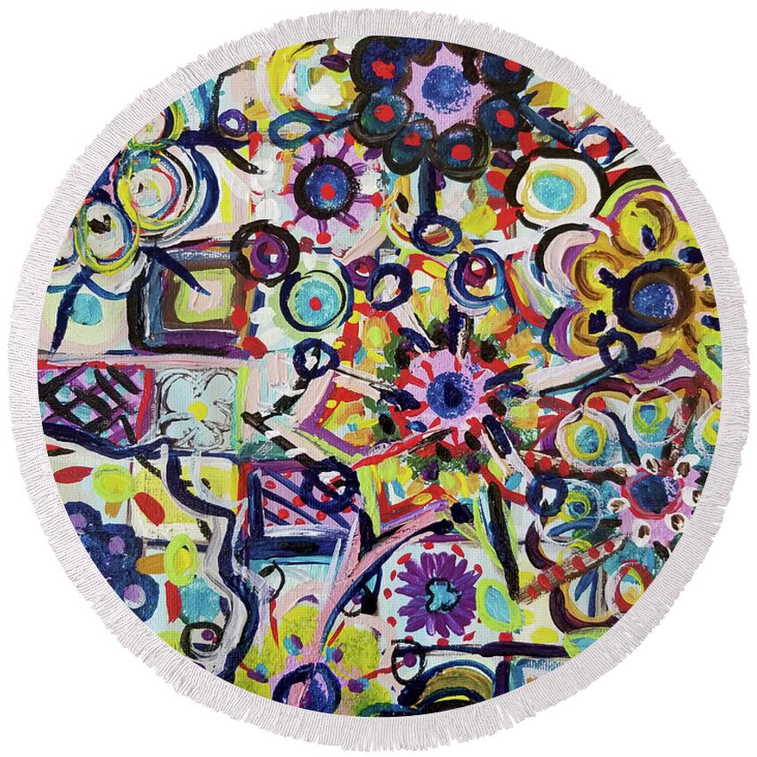 Floral Round Beach Towel featuring the painting Flower Mosaic by Catherine Gruetzke-Blais