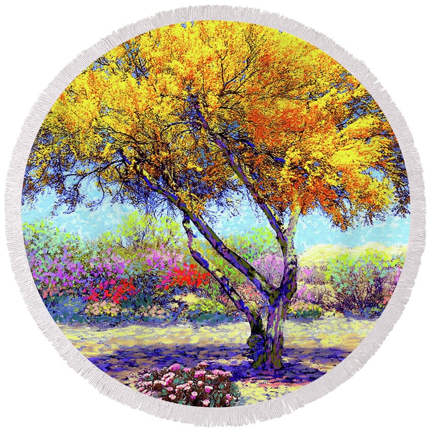 Tree Round Beach Towel featuring the painting Flowering Desert by Jane Small