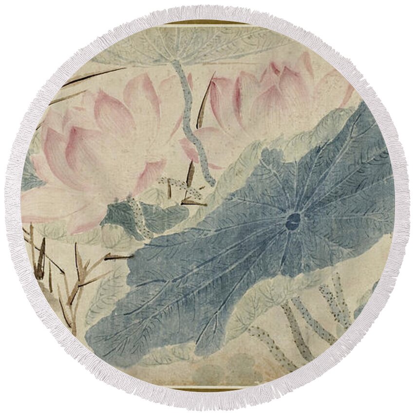 Chen Chun Round Beach Towel featuring the painting Flowering Lotus by Chen Chun