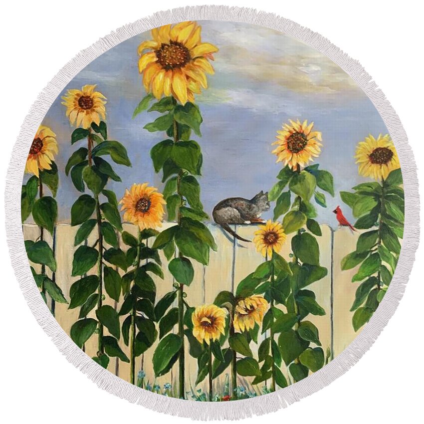 Sunflowers Round Beach Towel featuring the painting Flowers and Friends by Jane Ricker