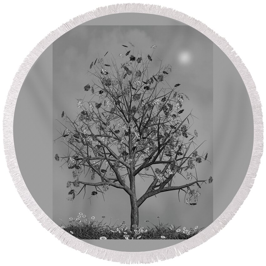 Autumn Round Beach Towel featuring the mixed media Flowers Beneath The Autumn Tree Black and White by David Dehner